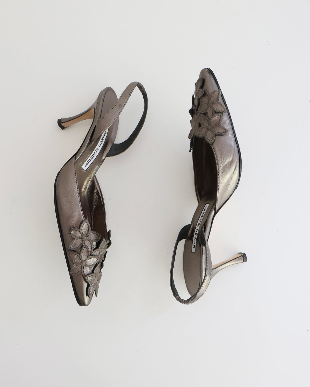 Manolo Blahnik Gray Metallic Flower Heels