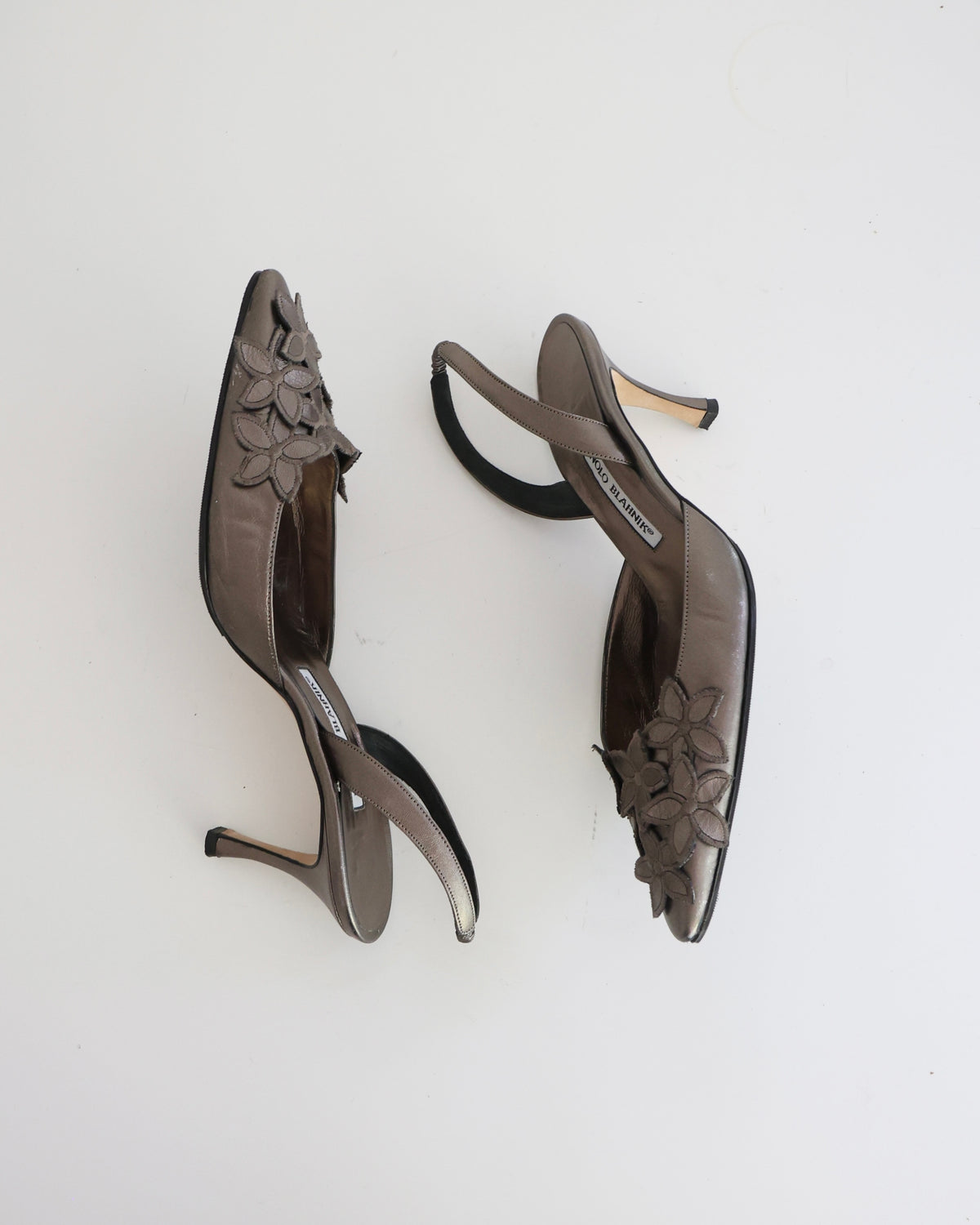 Manolo Blahnik Gray Metallic Flower Heels