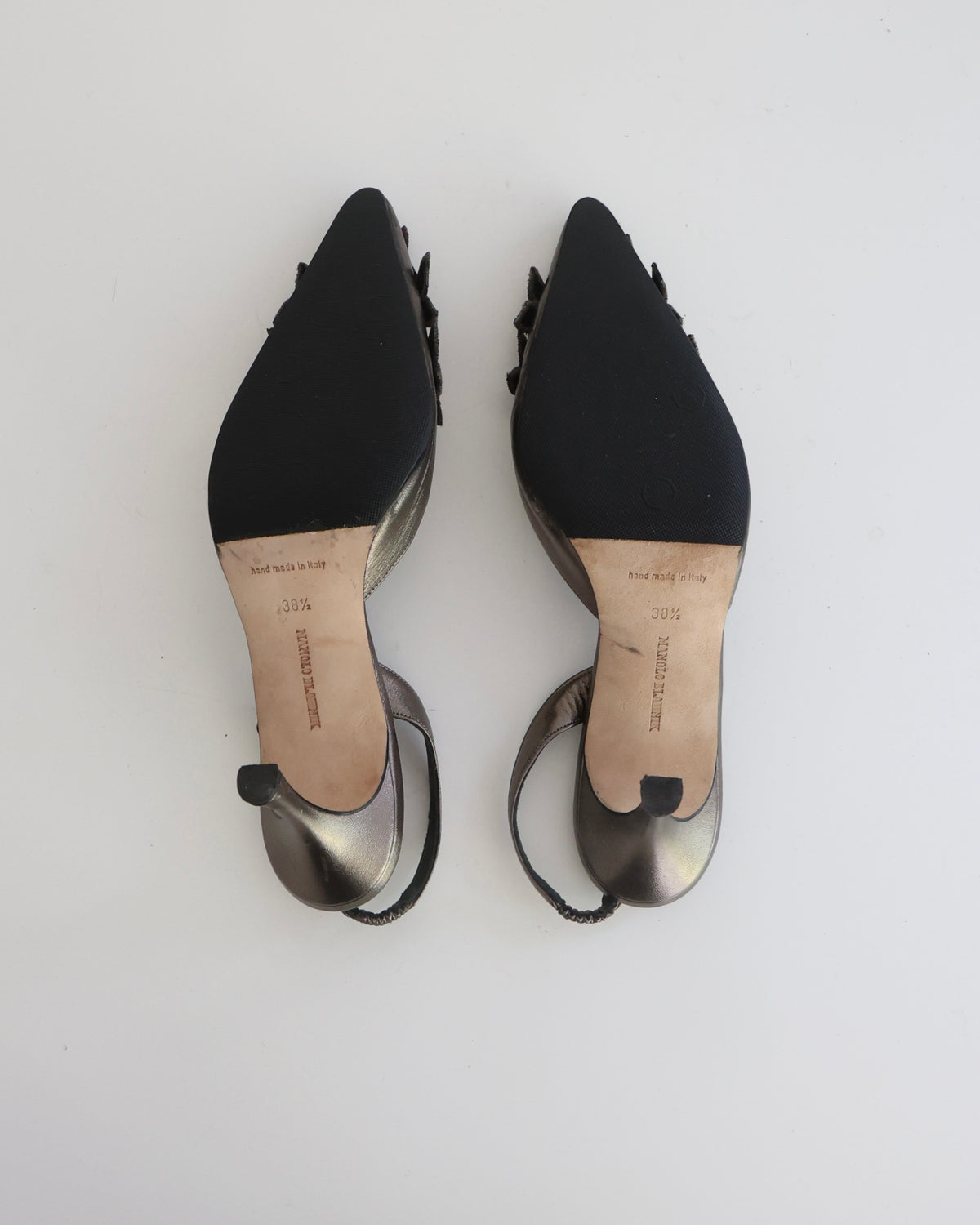Manolo Blahnik Gray Metallic Flower Heels